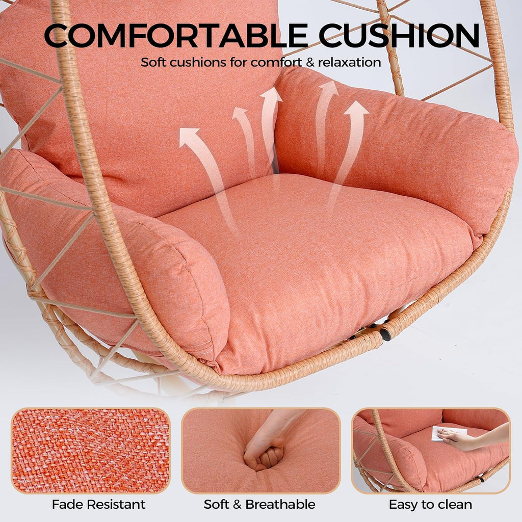 Egg Chair with Stand, Wicker Hanging Chair for Outdoor Patio, Cushioned Hammock Swing for Bedroom Garden Indoor/Outdoor, Double-Zipper Structure Hanging Egg Chair (Yellow and Orange-red)