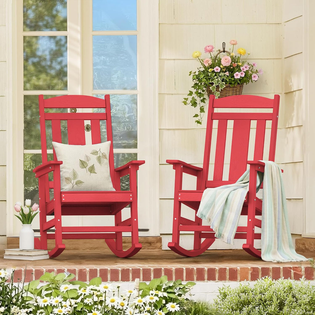 LUE BONA Outdoor Rocking Chairs Set of 2, HDPS Porch Rocker with High Back, Plastic Weather Resistant Rocking Chairs for Outdoor Indoor, Garden, Backyard, 350lb, Bright Red