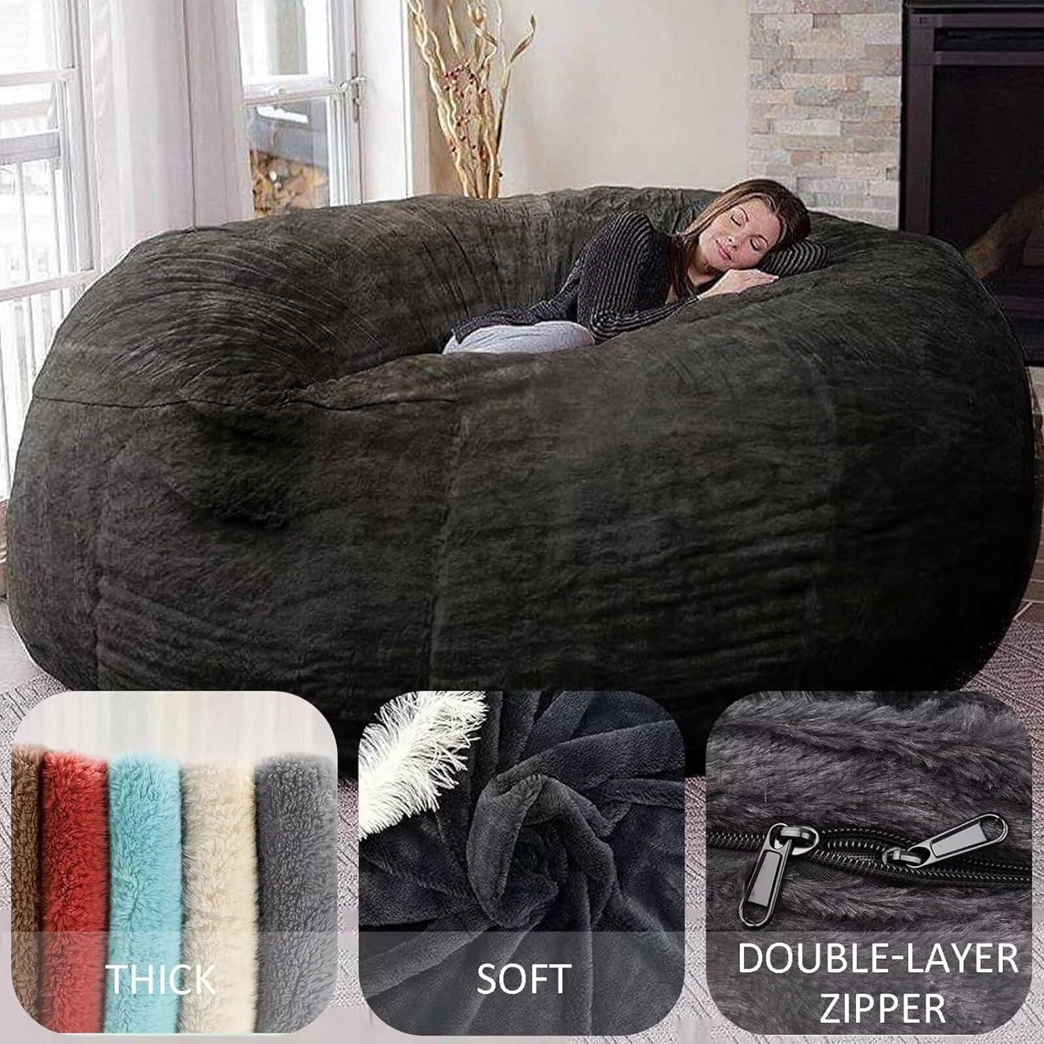 BCU 6FT Bean Bag Chair for Adults and Kids Without Filler Giant Stuffed Animal Storage Cover Soft Faux Fur Floor Chair Cover for Bedroom Living Room, Apple Green