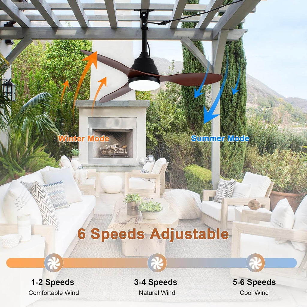 42'' Waterproof Outdoor Ceiling Fan with Lights IP65 Gazebo Fan Outdoor Hanging Wet Rated Plug in Ceiling Fan for Patio Pergola Porch Outside, APP Remote Control, Dimmable LED, 6 Speeds