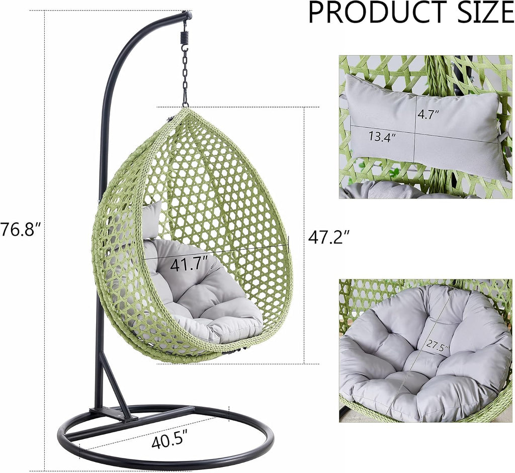 Hanging Egg Swing Chair with Stand, Rattan Wicker Hanging Egg Chair Hammock Indoor with Cushions, Swinging Chair for Bedroom Outdoor Patio Balcony Backyard Sunroom Heavy Duty 350LBS, Green