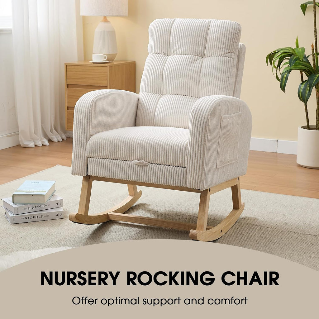 NIOIIKIT Nursery Rocking Chair, Corduroy Upholstered Rocking Chair with Adjustable Footrest, Tufted Rocker Chair with Side Pocket, Glider Rocker for Living Room, Bedroom (Cream Retro)
