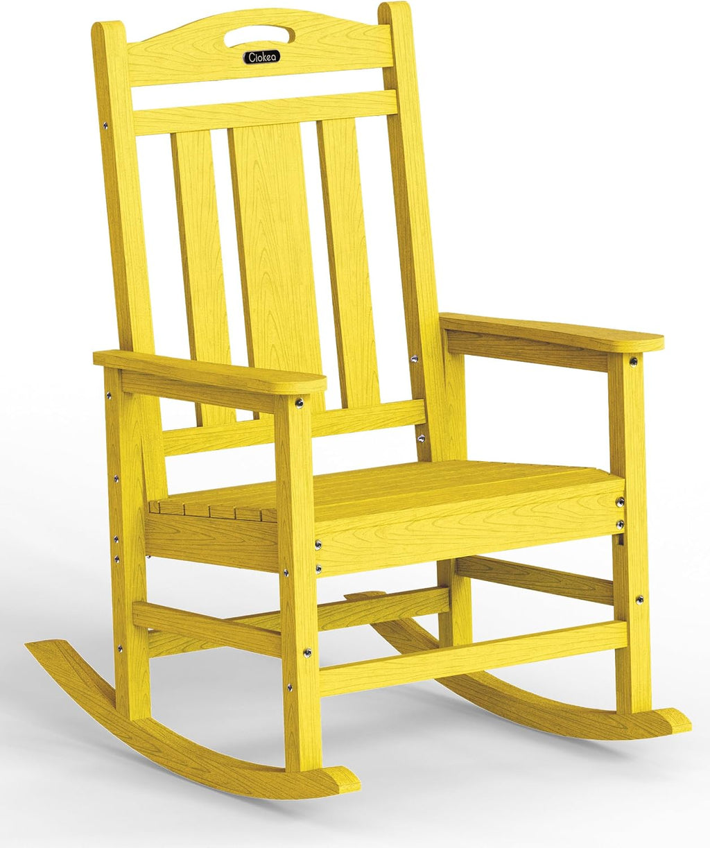 Ciokea Oversized Outdoor Rocking Chair, 380lbs Heavy-Duty Large Patio Rocker, Weather Resistant & Anti-Fade Porch Chair, High Back Cozy Rocking Chair for Outside, Fire Pit, Deck, Garden, Citron Yellow