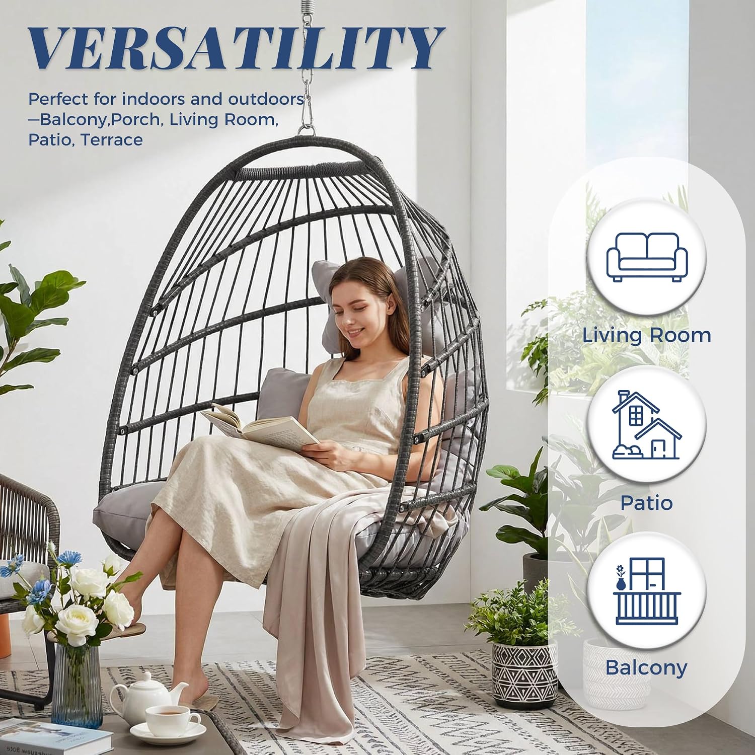 BULEXYARD Outdoor Swing Egg Chair No Stand, Folding Wicker Rattan Ceiling Hanging Patio Chairs, 350 Lbs Sturdy Hammock Basket Seat with Cozy Cushion for Backyard Pergola Living Room, Light Grey