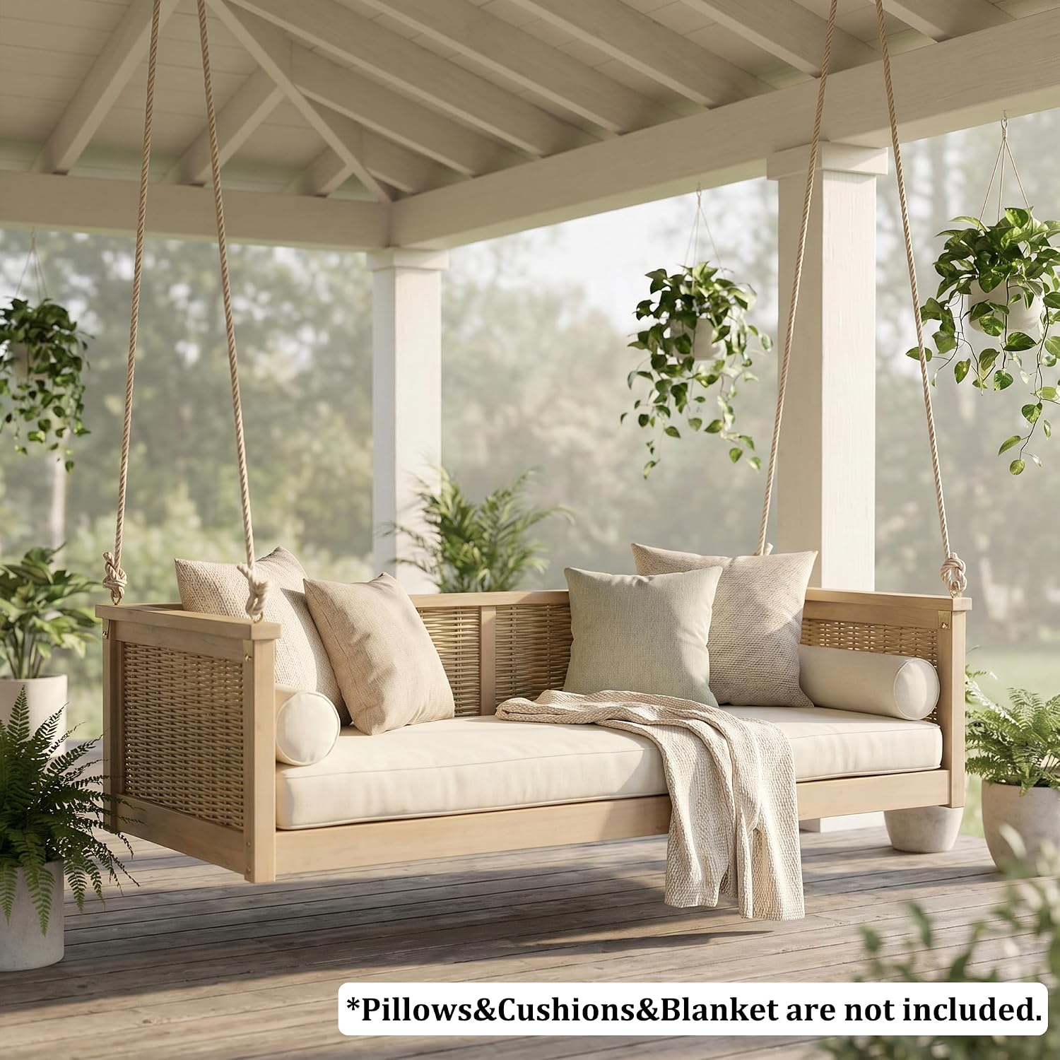 Acacia Wood & Rattan Twin Size Outdoor Swing Bed with Hanging Ropes - 3 Color Options for Backyard or Porch Relaxation (Light Teak/RR)