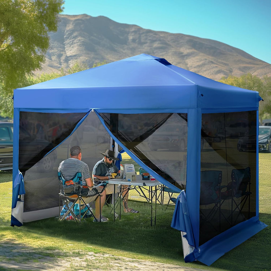 MFSTUDIO 10'x10' Pop Up Canopy Tent with Netting, Portable Instant Folding Canopy, Outdoor Canopy Screen Event Tent with 4 Zippered Mesh Netting for Garden, Blue