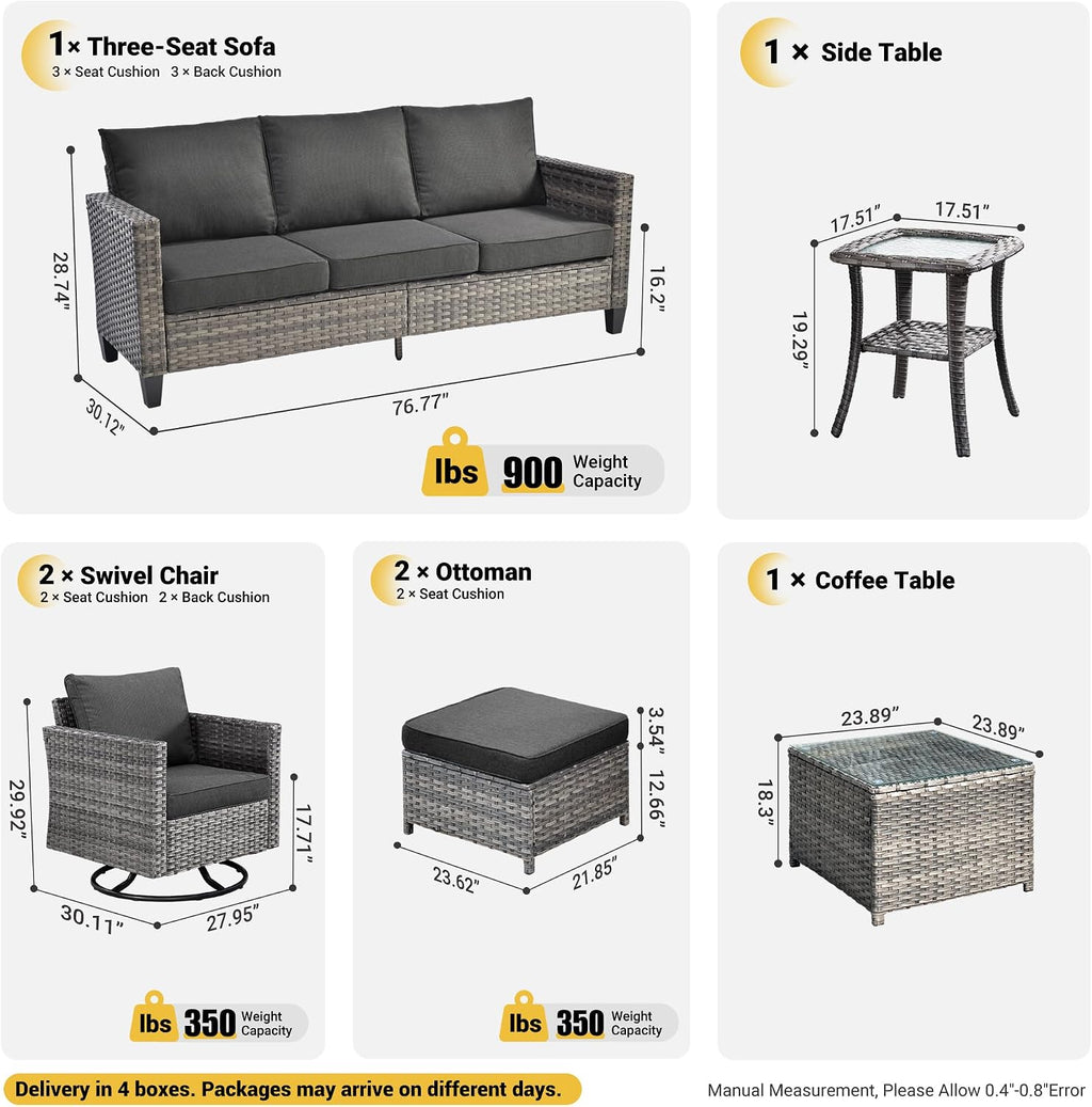 ovios 7-Pieces Patio Furniture Set, Outdoor Wicker Sofa Couch with Swivel Glider Chairs Glass Table Comfy Cushions Modern Conversation Set for Backyard Porch, Black