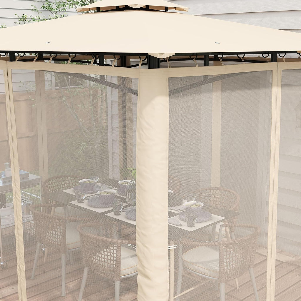 Outsunny 10' x 12' Patio Gazebo with Netting, Double Roof Outdoor Gazebo Canopy Shelter, Solid Metal Frame for Garden, Lawn, Backyard, Deck, Beige