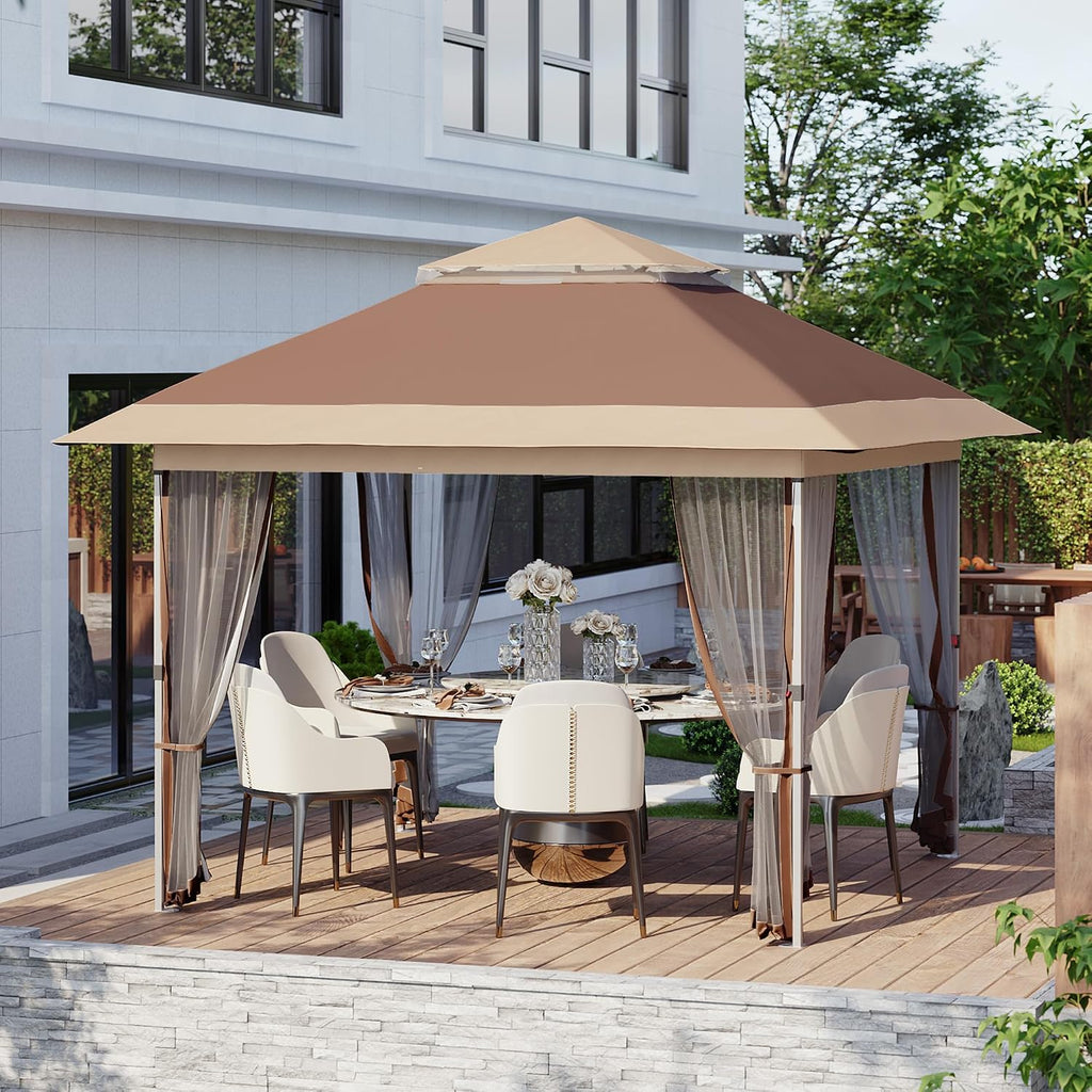Pop Up Gazebo, 10x10 Outdoor Canopy Tent with Mosquito Netting, Pop Up Canopy Tent with Curtains/Adjustable Height/Wheeled Carrying Bag for Patio Garden Backyard Lawn