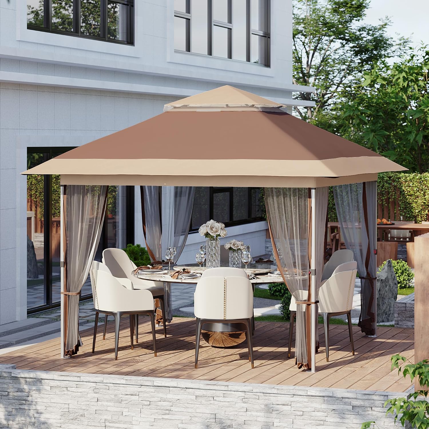 Pop Up Gazebo, 10x10 Outdoor Canopy Tent with Mosquito Netting, Pop Up Canopy Tent with Curtains/Adjustable Height/Wheeled Carrying Bag for Patio Garden Backyard Lawn