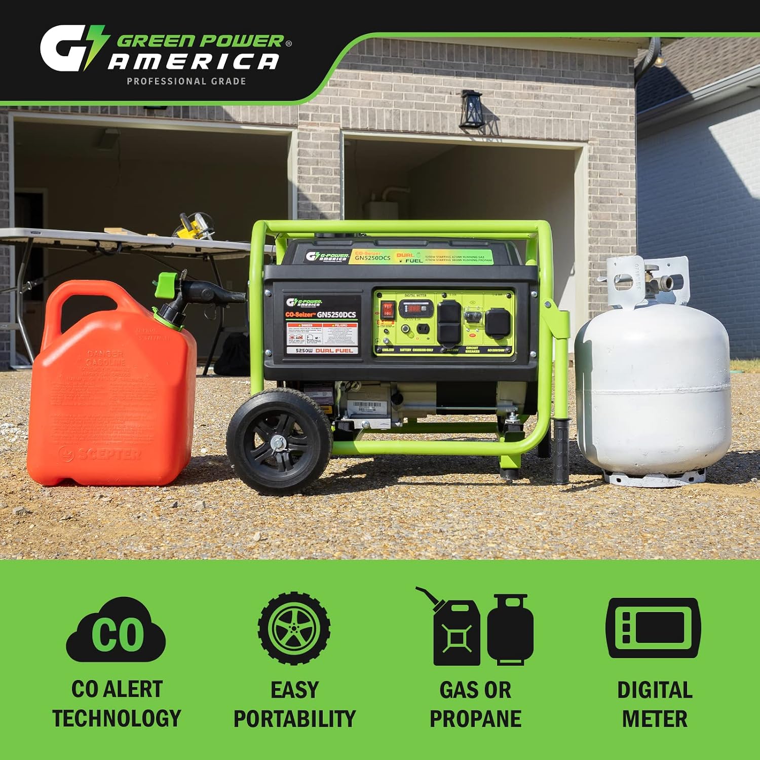 Green-Power America 5250 Watt Dual Fuel Portable Generator, Gas & Propane, Manual Start, CO Protection System, Home Backup Power, RV Ready
