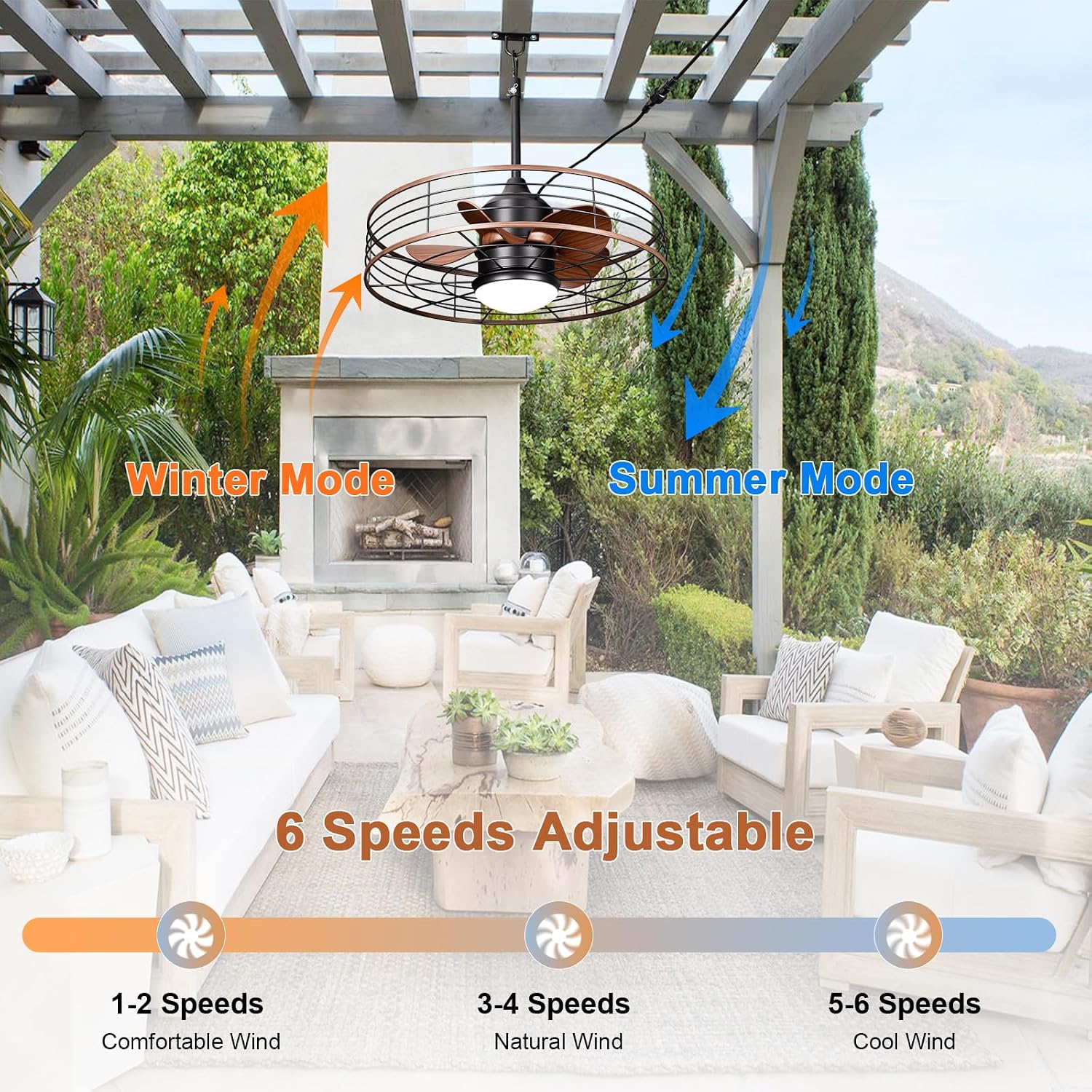 24' Waterproof Gazebo Ceiling Fan with Light Caged Outdoor Hanging Fan for Patios with Plug-in Cord, Dimmable LED, APP Remote Control, 6 Speeds for Pergola Porch Gazebo