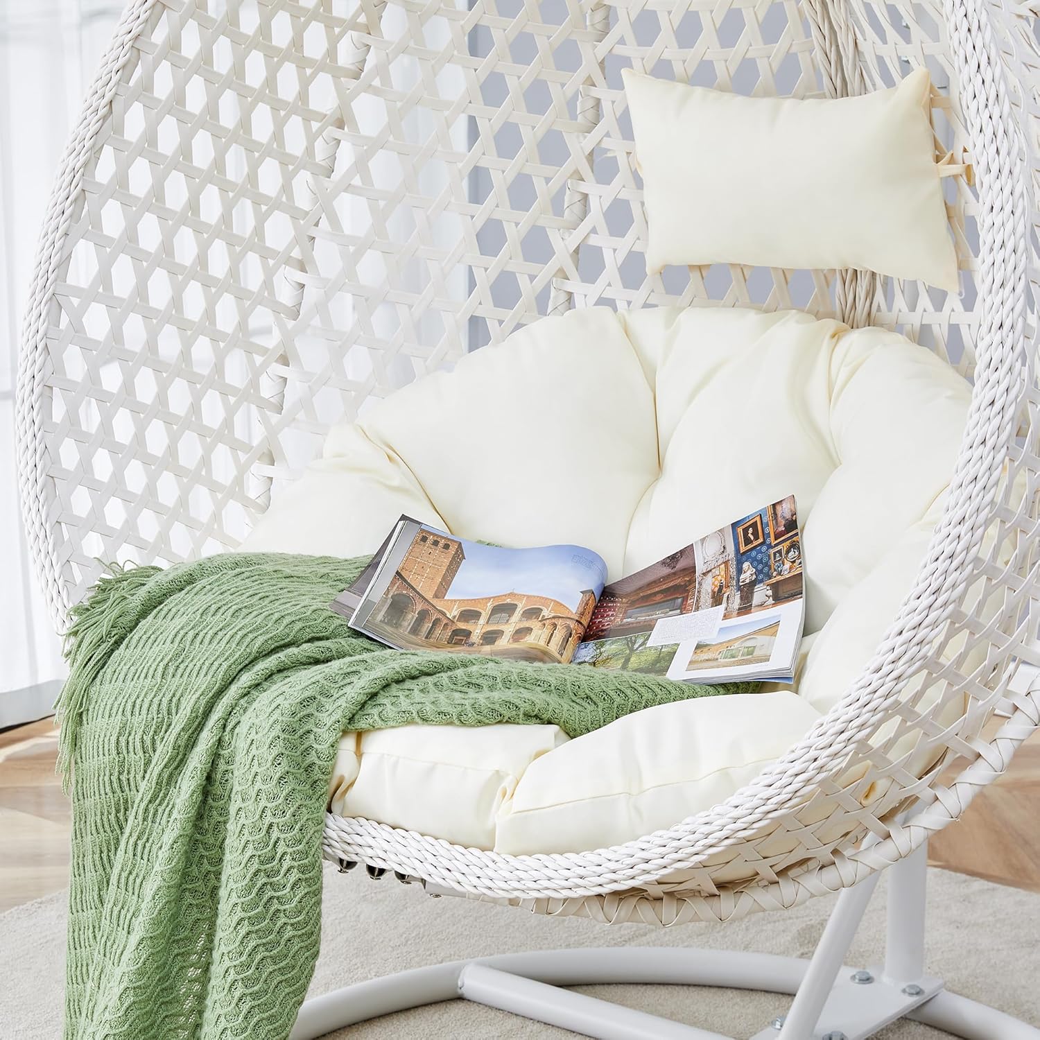 Hanging Egg Chair Outdoor Indoor,Wicker Swing Egg Chair with Stand, 300lbs Capacity for Bedroom Patio Garden Balcony Yard (White)