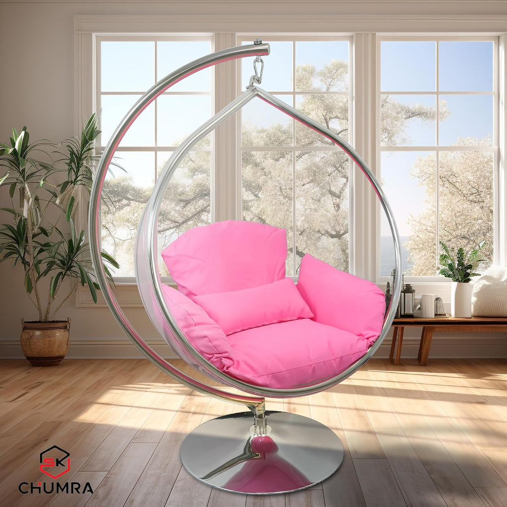 Hanging Chair - Transparent Acrylic Bubble, Waterdrop Shape, Indoor Swing Chair with Gold/Chrome Stand, Durable Fabric Cushion - Luxury Accent for Living Room, Bedroom (Chrome/Pink)