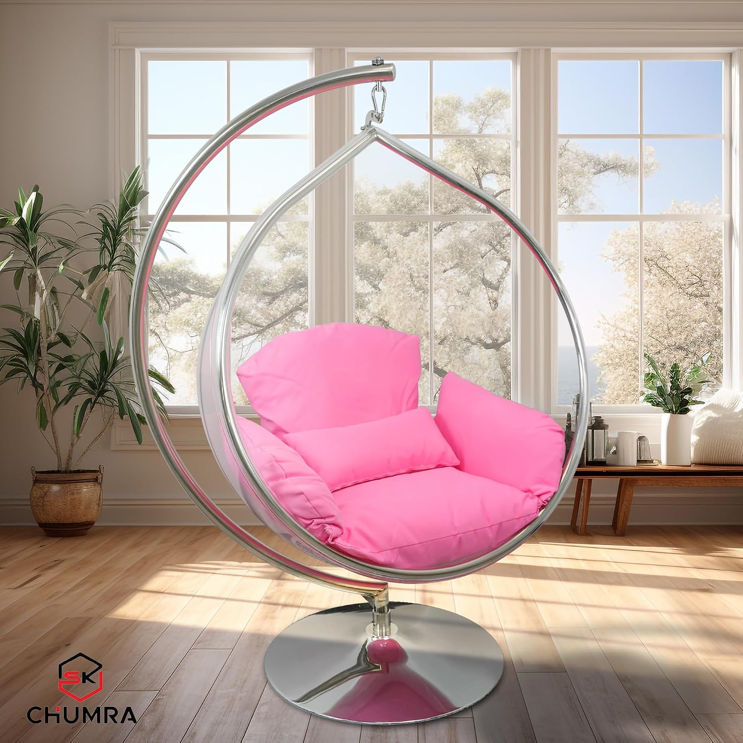 Hanging Chair - Transparent Acrylic Bubble, Waterdrop Shape, Indoor Swing Chair with Gold/Chrome Stand, Durable Fabric Cushion - Luxury Accent for Living Room, Bedroom (Chrome/Pink)
