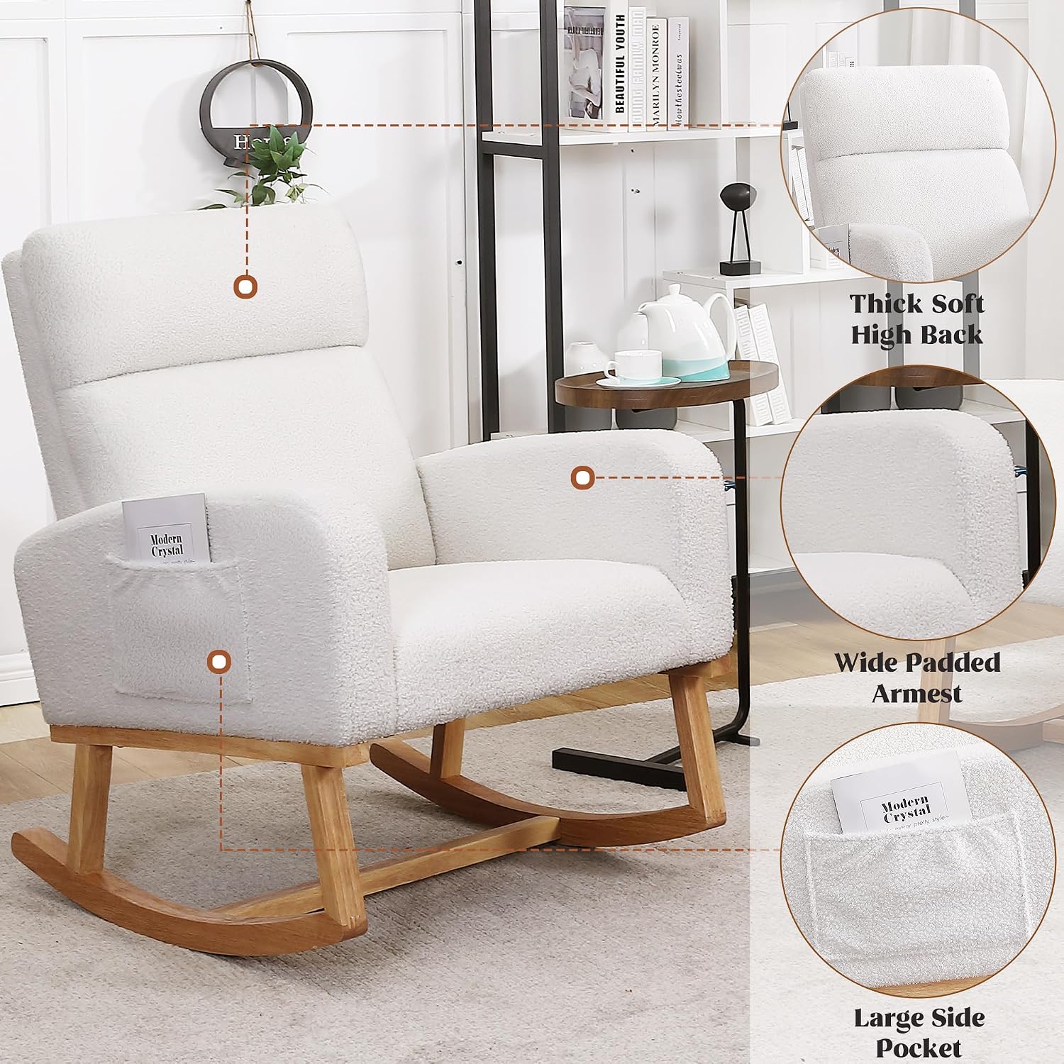 HCHAIRH Rocking Chair Nursery, Sherpa Nursing Rocking Armchair for Mom Nursery Morden Rocker Chair with High Backrest for Living Room,Bedroom,Teddy White