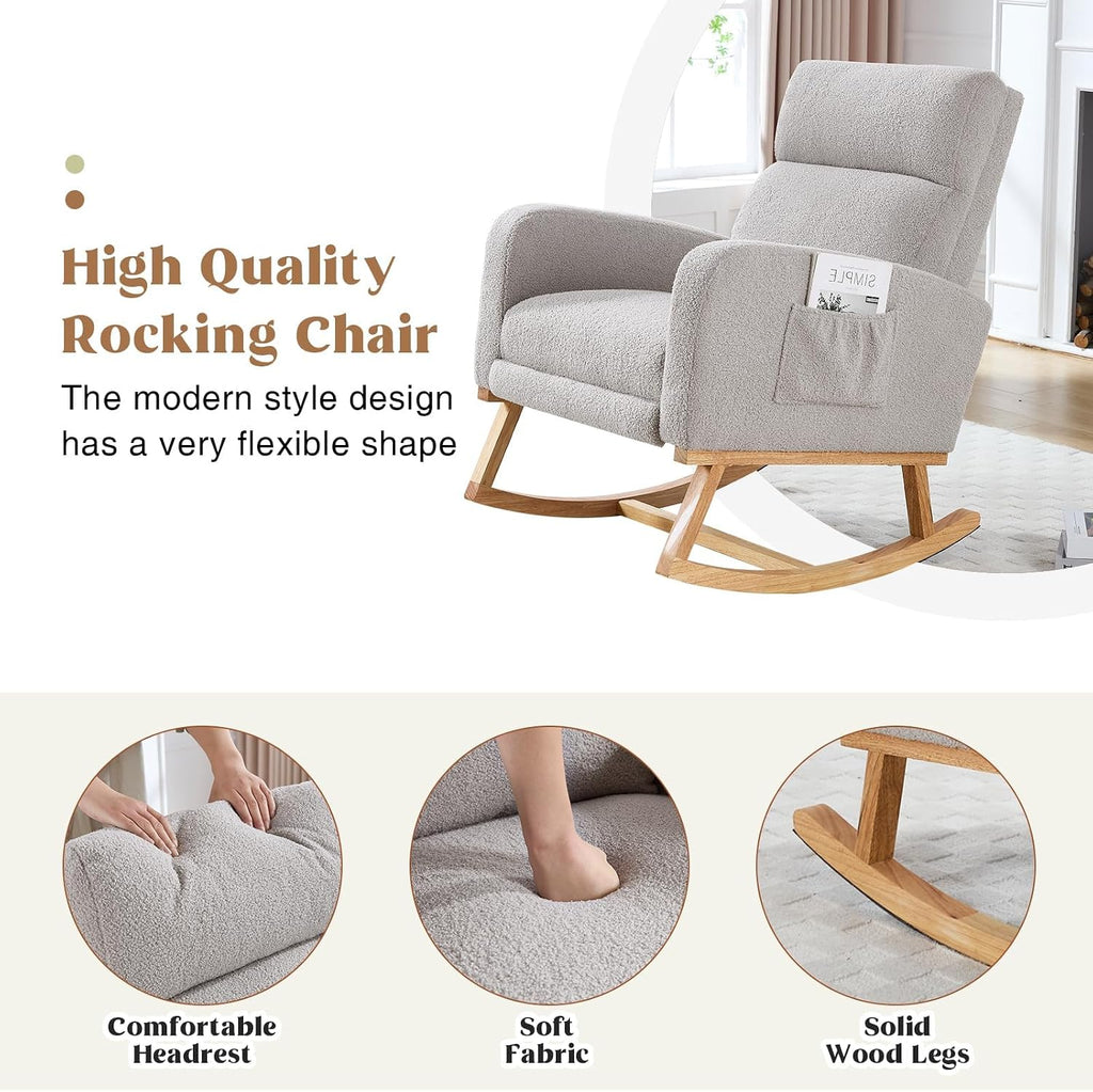 HCHAIRH Rocking Chair Nursery with Foot Rest, Teddy Nursing Rocking Chairs for Mom Nursery, Rocker Glider Chair with Footrest for Living Room, Bedroom, Light Gray