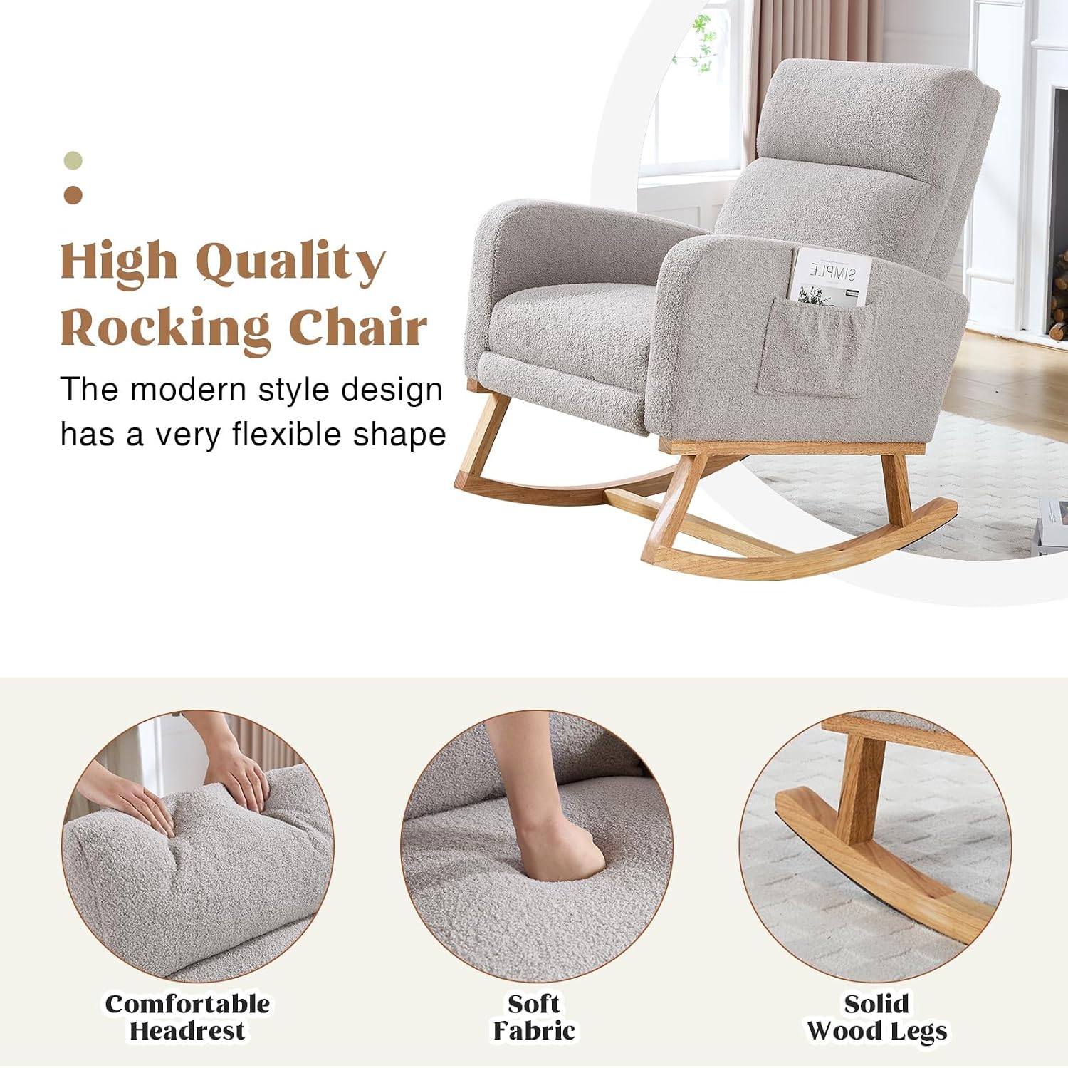 HCHAIRH Rocking Chair Nursery with Foot Rest, Teddy Nursing Rocking Chairs for Mom Nursery, Rocker Glider Chair with Footrest for Living Room, Bedroom, Light Gray