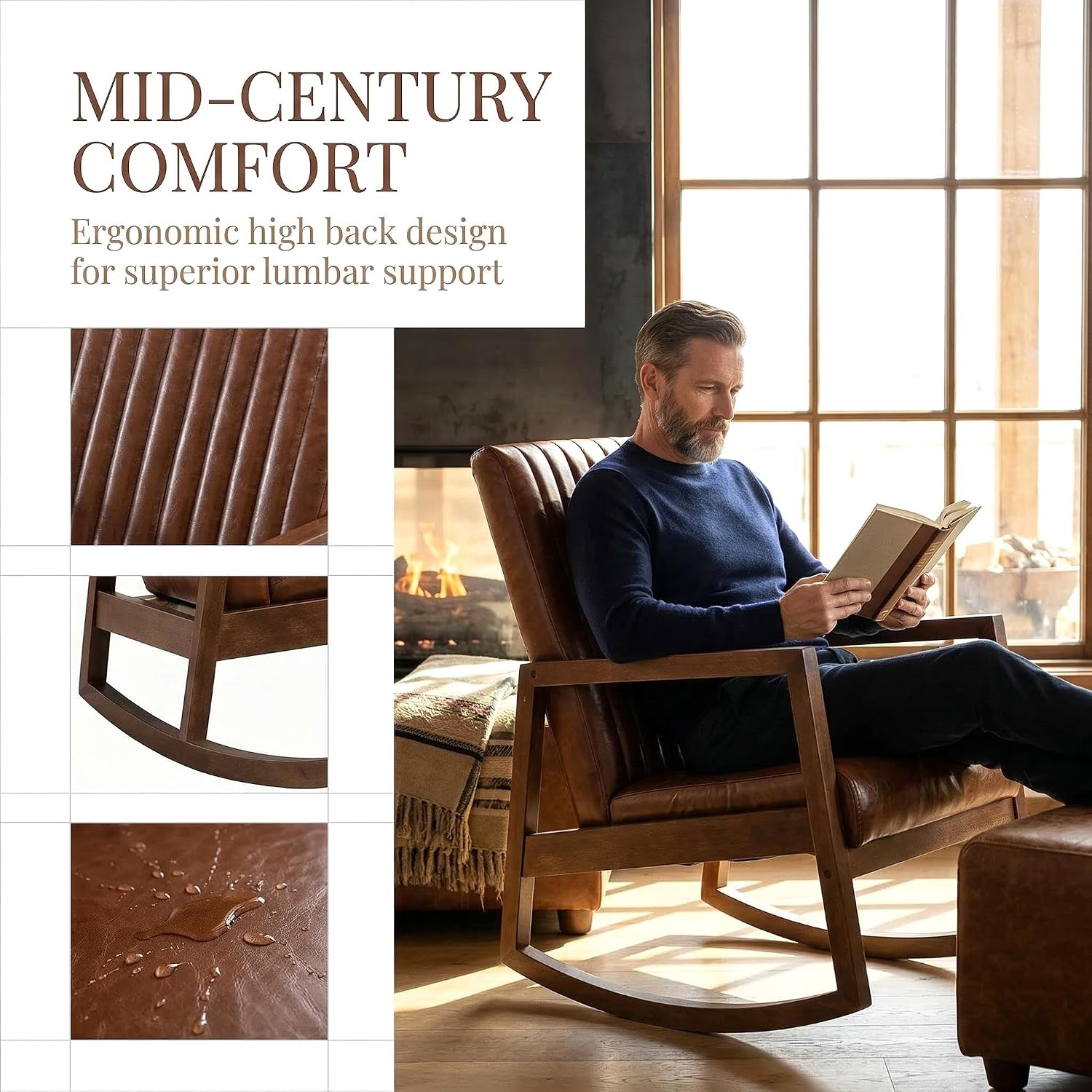 VESCASA Upholstered Rocking Chair with Channel-Tufted Back, Mid-Century Modern Comfy Oil Wax PU Leather Rocker with Black Walnut Wood Frame for Nursery Living Room Bedroom Indoor, Brown