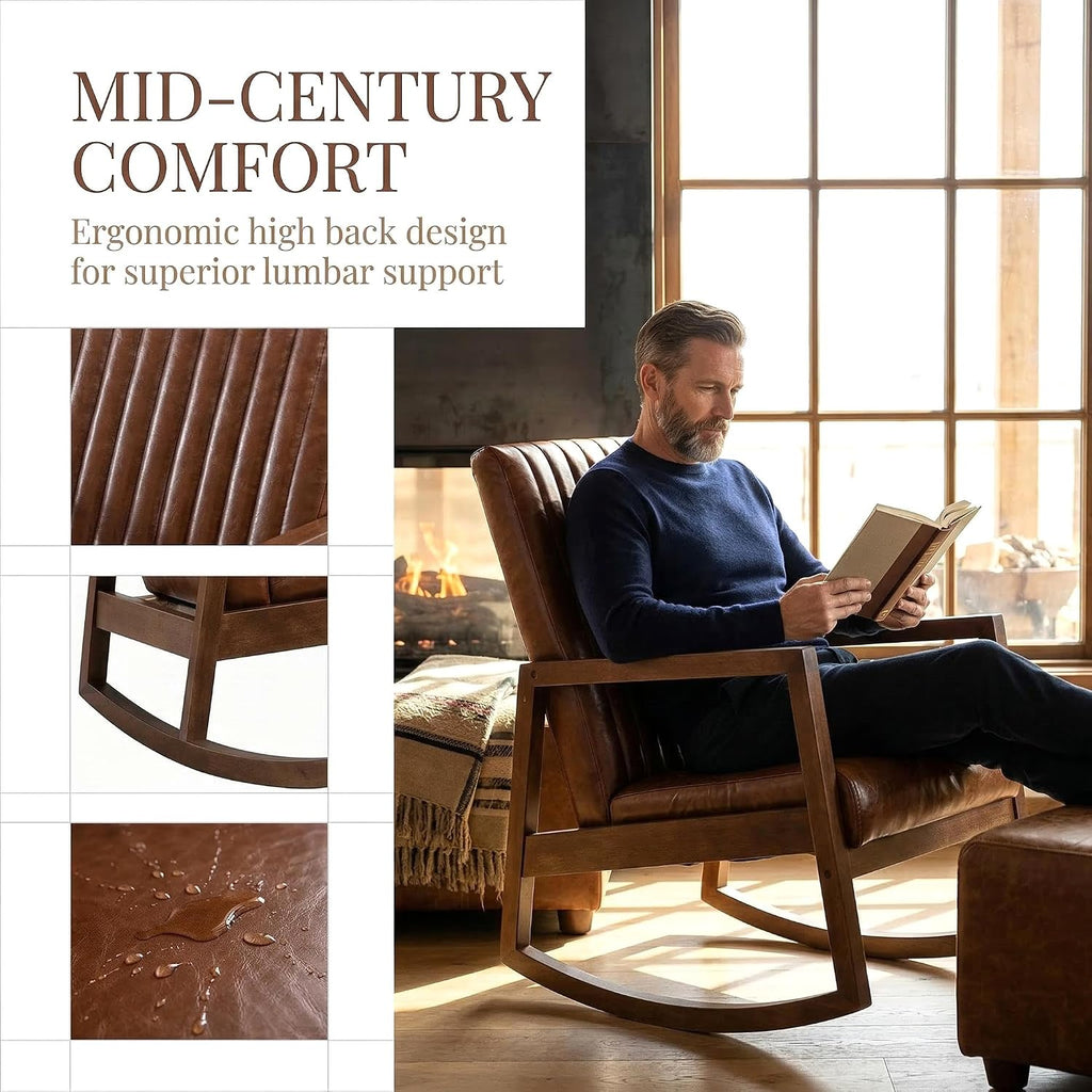 VESCASA Upholstered Rocking Chairs with Channel-Tufted Back, Mid-Century Modern Comfy Oil Wax PU Leather Rockers with Black Walnut Wood Frame for Nursery Living Bedroom Indoor, Set of 2, Brown