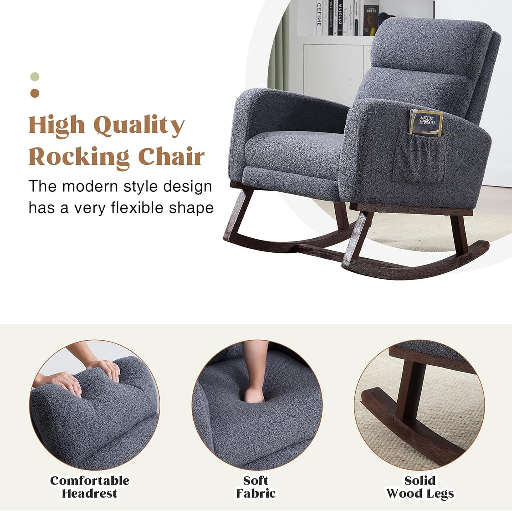 HCHAIRH Rocking Chair Nursery with Foot Rest, Teddy Nursing Rocking Chairs for Mom Breastfeeding, Rocker Glider Chair with High Backrest for Living Room, Bedroom, Blue Grey