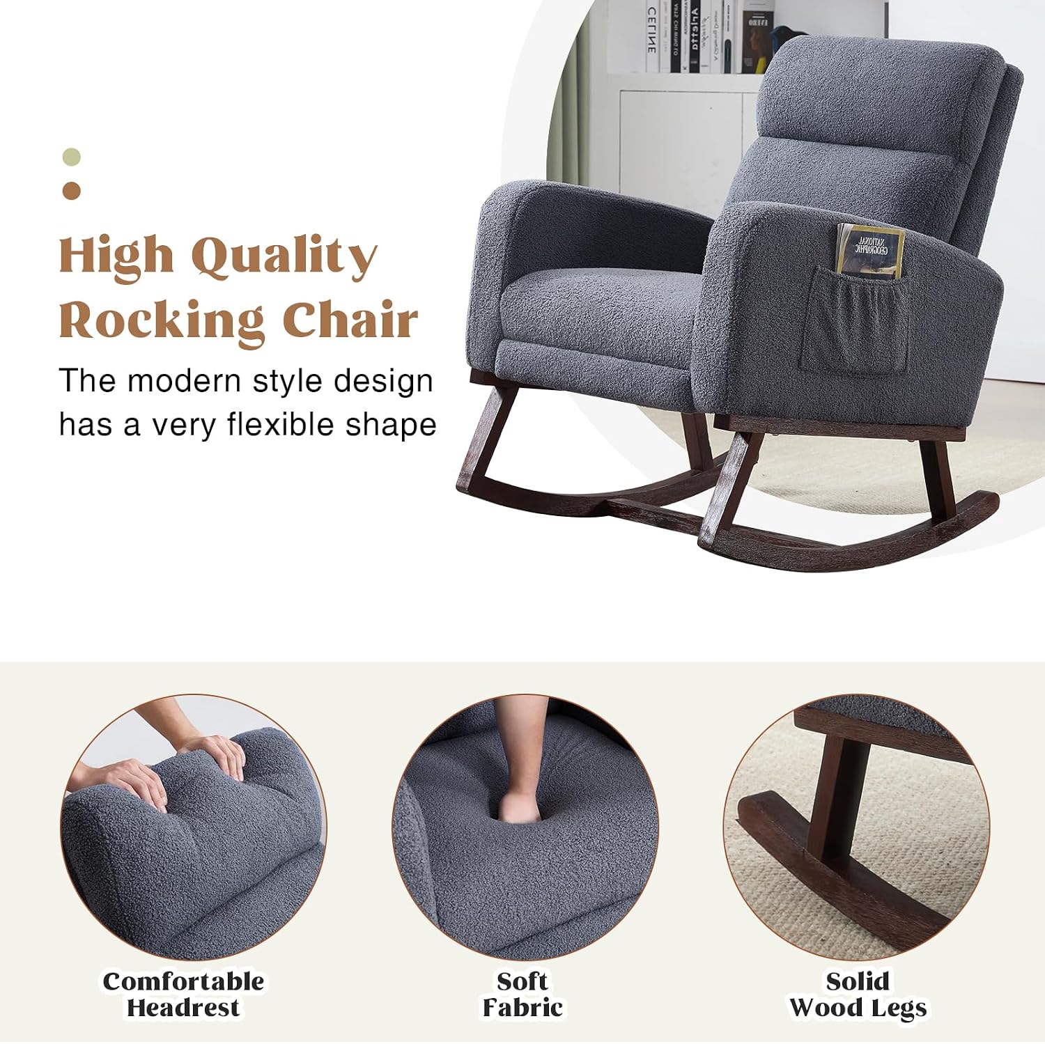 HCHAIRH Rocking Chair Nursery with Foot Rest, Teddy Nursing Rocking Chairs for Mom Breastfeeding, Rocker Glider Chair with High Backrest for Living Room, Bedroom, Blue Grey