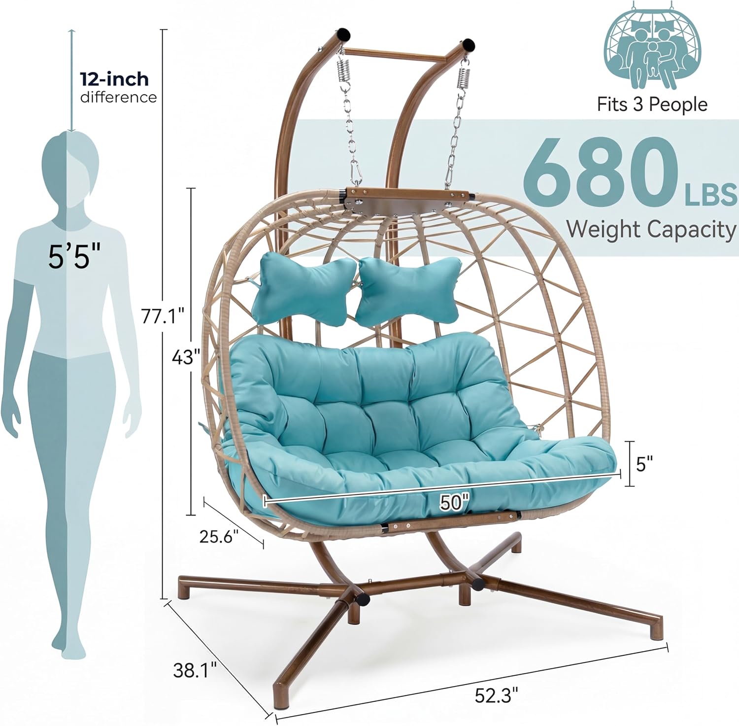 NICESOUL Double Egg Chair Outdoor Indoor, Oversized Swing with Stand for 2, All-Weather Rattan Hanging Loveseat Comfy, Patio Swing Seat with Cushion & Cover for Living Room, Porch, Beige & Teal