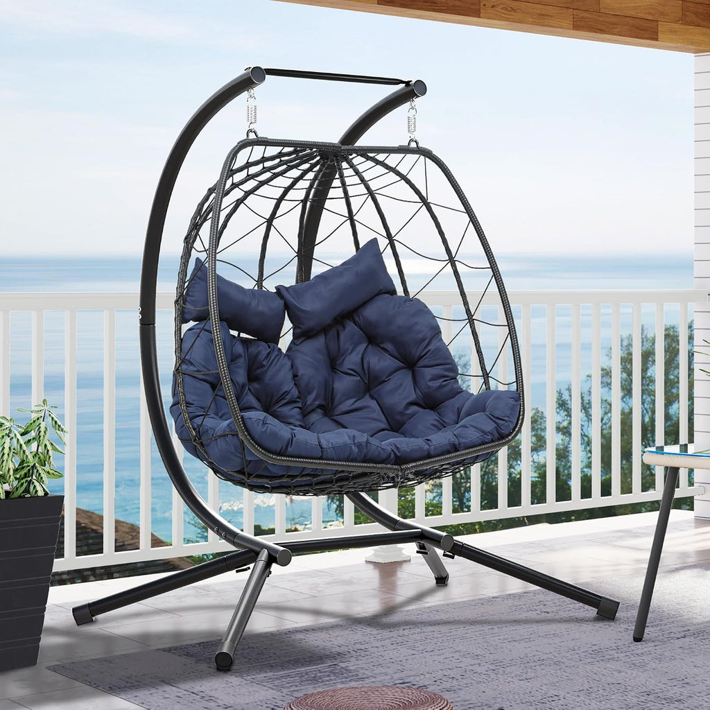 YITAHOME Hanging Egg Swing Chair with Stand Double Egg Chair 2 Person Wicker Chair Indoor Outdoor Hammock Egg Chair with Cushions 500lbs for Patio, Bedroom, Garden and Balcony, Navy Blue