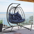 YITAHOME Hanging Egg Swing Chair with Stand Double Egg Chair 2 Person Wicker Chair Indoor Outdoor Hammock Egg Chair with Cushions 500lbs for Patio, Bedroom, Garden and Balcony, Navy Blue