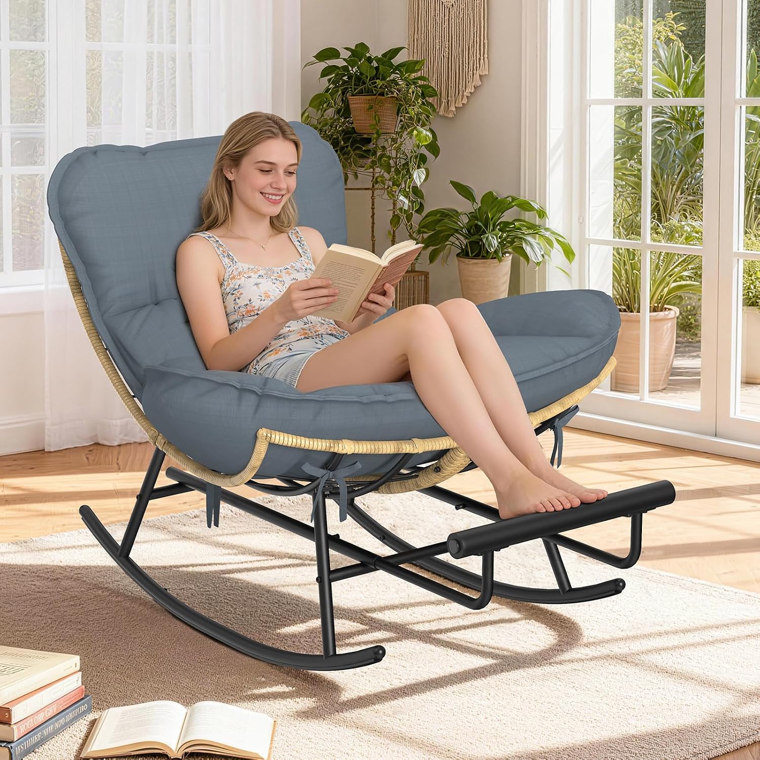ZENPETIO Outdoor Rocking Chair - Oversized Metal Frame Papasan Rocking Chair with All Weather PE Wicker Rattan Rocker and Footrest for Patio, Balcony, Porch, Lawn and Living Room - Grey