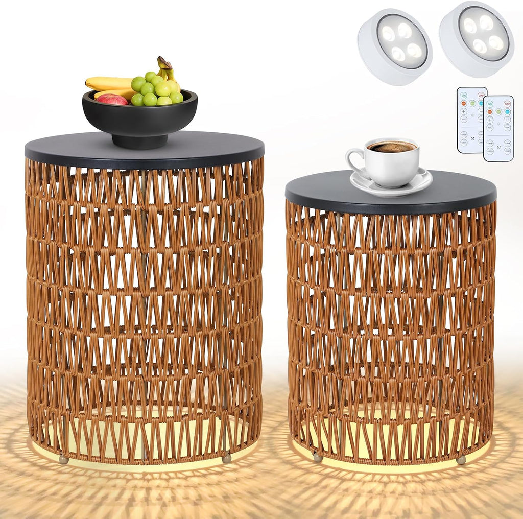 HMVPL Outdoor Side End Table with Dimmable Light Remote Control,2-Pack Small Round Patio Table with Timing Light,Outside Plastic Rattan Accent Bistro Desk for Poolside Backyard Balcony Gazebo Indoor
