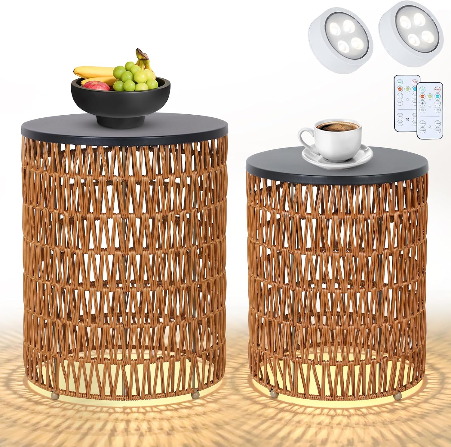 HMVPL Outdoor Side End Table with Dimmable Light Remote Control,2-Pack Small Round Patio Table with Timing Light,Outside Plastic Rattan Accent Bistro Desk for Poolside Backyard Balcony Gazebo Indoor
