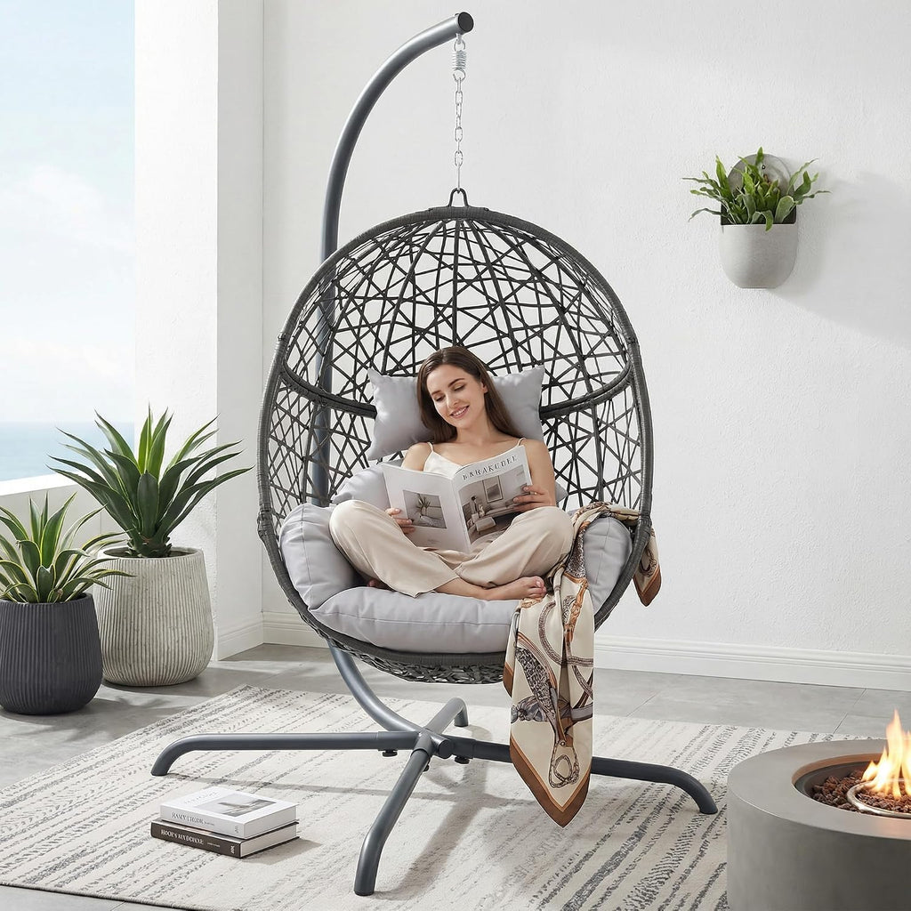 RADIATA Hanging Egg Chair with Stand, Outdoor Egg Swing Chair with Cozy Cushion, 350lbs Rattan Bird Nest Eggshell Basket Seat, Patio Swinging Chair for Indoor Balcony Porch, Grey