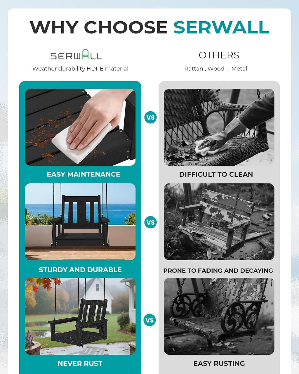 SERWALL HDPE Single Porch Swing, Heavy Duty Single Person Swing Chair with 2 Polypropylene Hanging Ropes, Adirondack Hanging Chair for Outdoor Front Porch Patio Garden Yard, Black