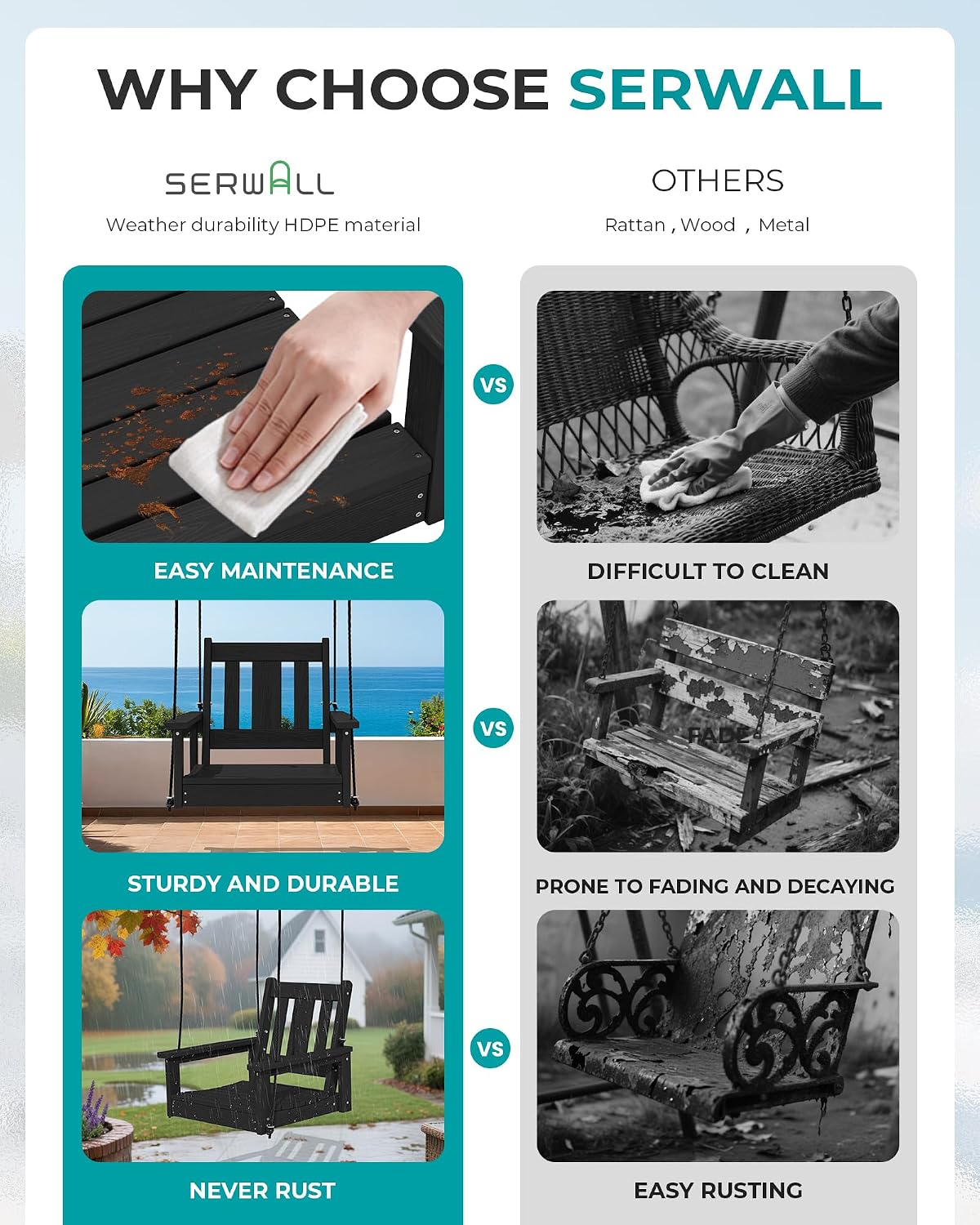 SERWALL HDPE Single Porch Swing Set of 2, Heavy Duty Single Person Swing Chair with 2 Polypropylene Hanging Ropes, Adirondack Hanging Chair for Outdoor Front Porch Patio Garden Yard, Black
