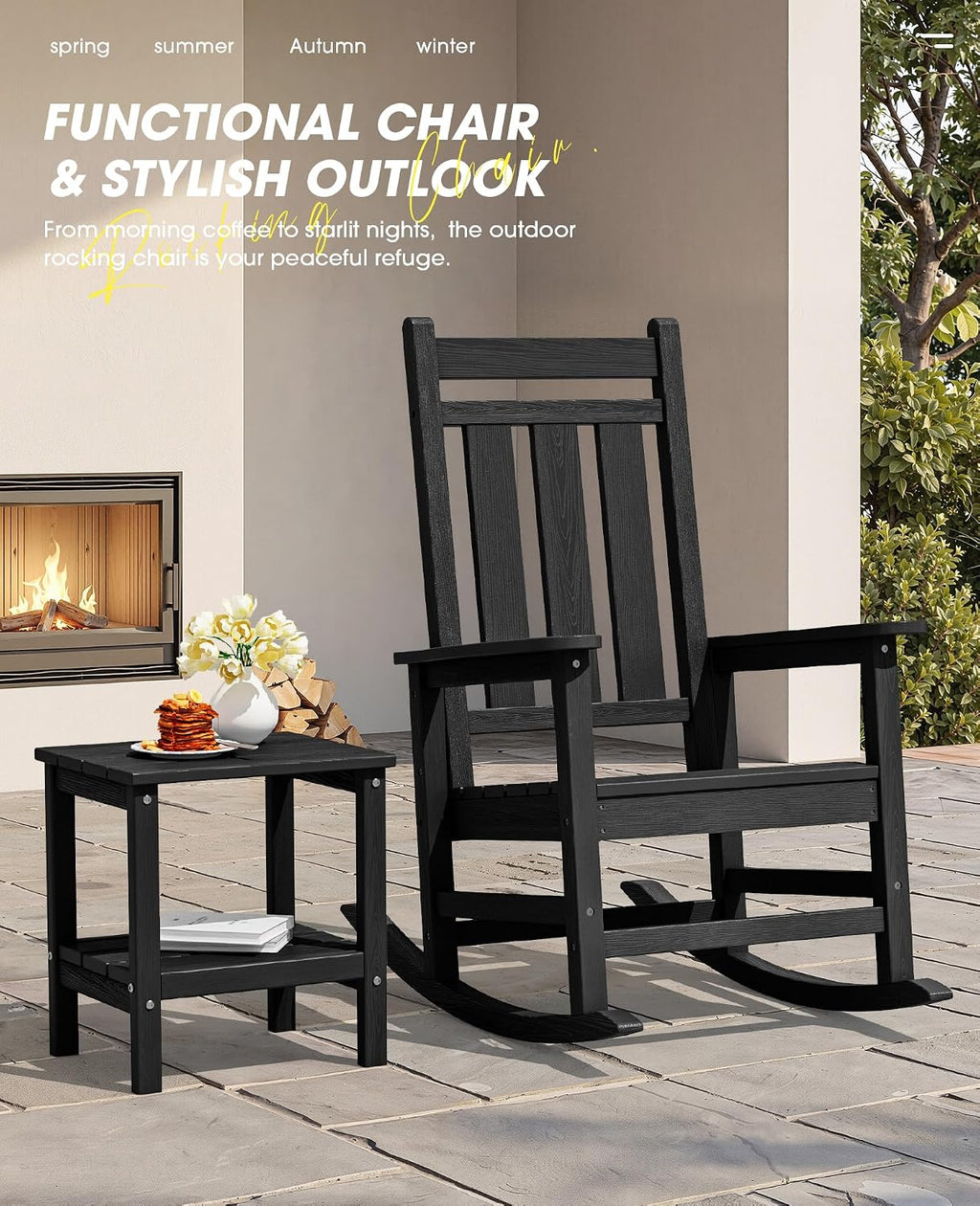 KINGYES Oversized Outdoor Rocking Chair Set of 2, All-Weather Patio Rocking Chairs for Porch, HDPE Outdoor Patio Rockers with High Back & Wide Seat for Garden, Lawn, Black