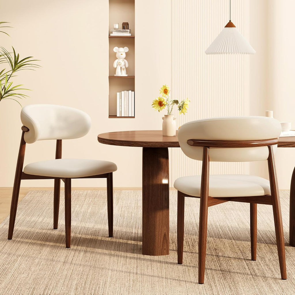 Kitchen Dining Chairs Set of 2 Modern Upholstered Leather Farmhouse Dining Room Chair with Metal Legs, Walnut/Beige