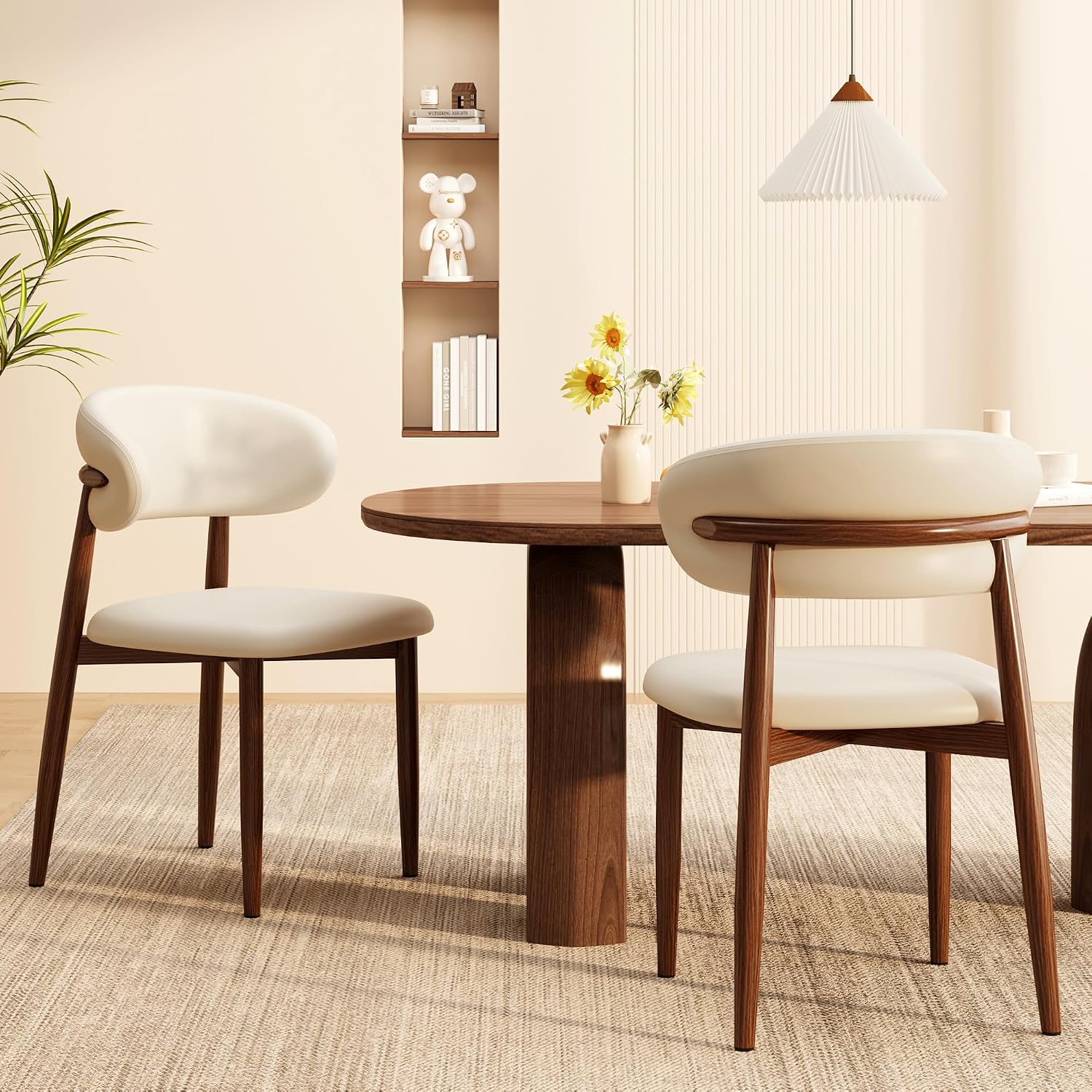 Kitchen Dining Chairs Set of 2 Modern Upholstered Leather Farmhouse Dining Room Chair with Metal Legs, Walnut/Beige