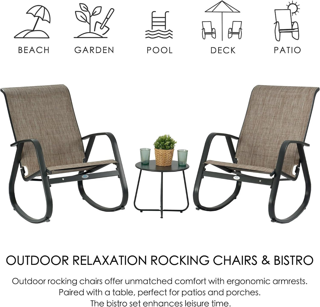 Kozyard 3-Piece Outdoor Rocking Chair Set, Patio Bistro Set 2 Sling Rockers with Side Table, Powder-Coated Aluminum Frame, Breathable Textilene Fabric for Porch, Garden, Balcony Beige