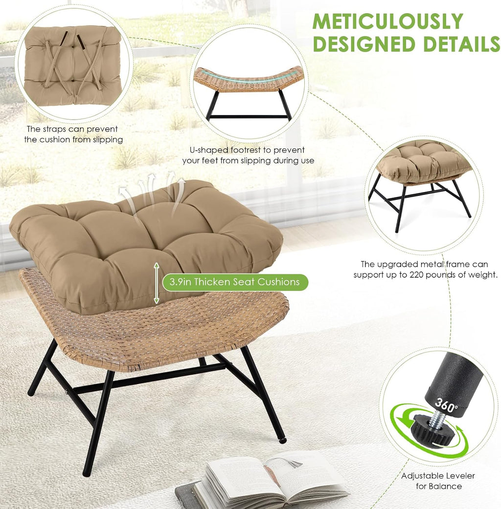 RADIATA 2 PCS Rocking Egg Chair with Ottomans & Cushion, Indoor Outdoor Oversized Lounge Chair, PE Wicker Double Papasan Rocker with Footrests, 450 lbs Weight Capacity for Patio Porch Bedroom Brown
