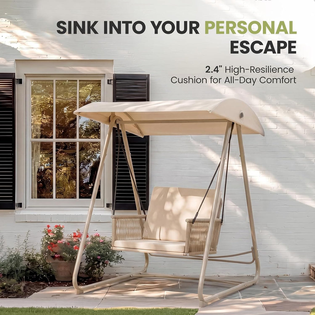Porch Swing with Stand, Outdoor Swing with Canopy, All Weather Outdoor Swings for Adults, 400lbs Heavy Duty Porch Swings with Removable Cushions, Single Hanging Chair for Small Space, Beige
