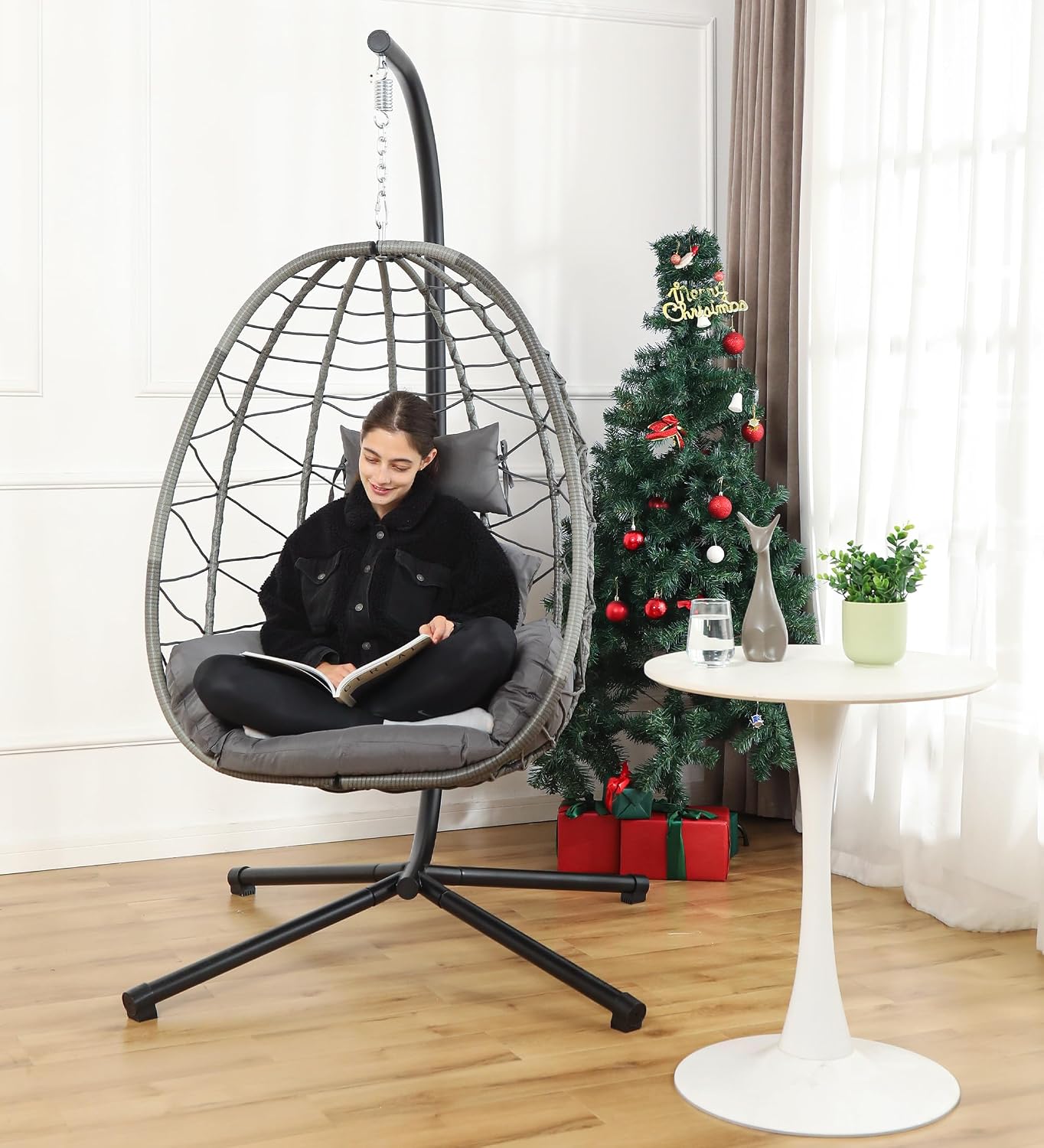 DoubleTT Egg Chair with Stand, Swing Chair Hanging Chair Nest Basket, UV Resistant Removable & Washable Cushions,350LBS Capacity for Bedroom, Balcony, Garden(GR-GR)