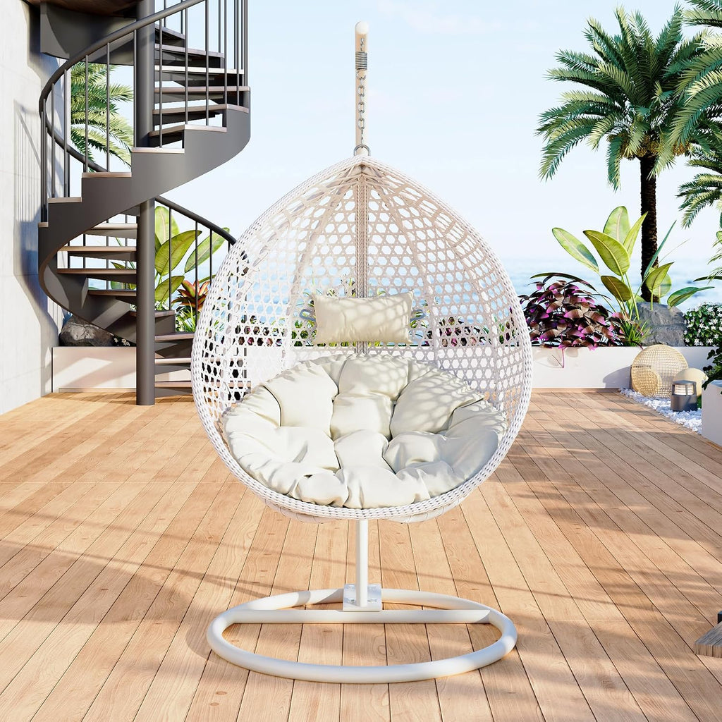 Egg Swing Chair Outdoor Indoor, Hanging Egg Chair with Stand, White Wicker Swing Chair,UV Resistant Cushion 300 LBS Capacity for Porch,Patio,Garden, Bedroom, Balcony,Yard