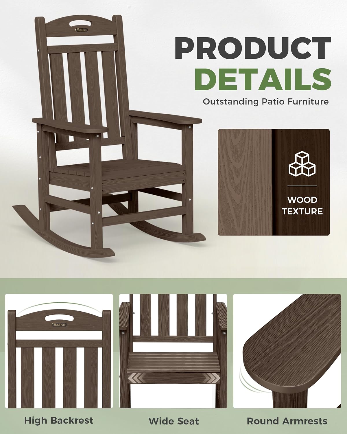 Oversized Outdoor Rocking Chairs Set of 2, High Back Porch Rocker Chair, HDPE All Weather Resistant Rocking Chairs for Patio, 380lbs Weight Capacity, Brown