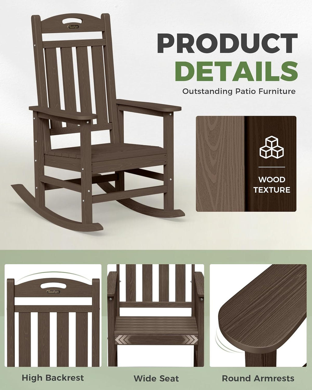 Oversized Outdoor Rocking Chairs Set of 4, High Back Porch Rocker Chair, HDPE All Weather Resistant Rocking Chairs for Patio, 380lbs Weight Capacity, Brown