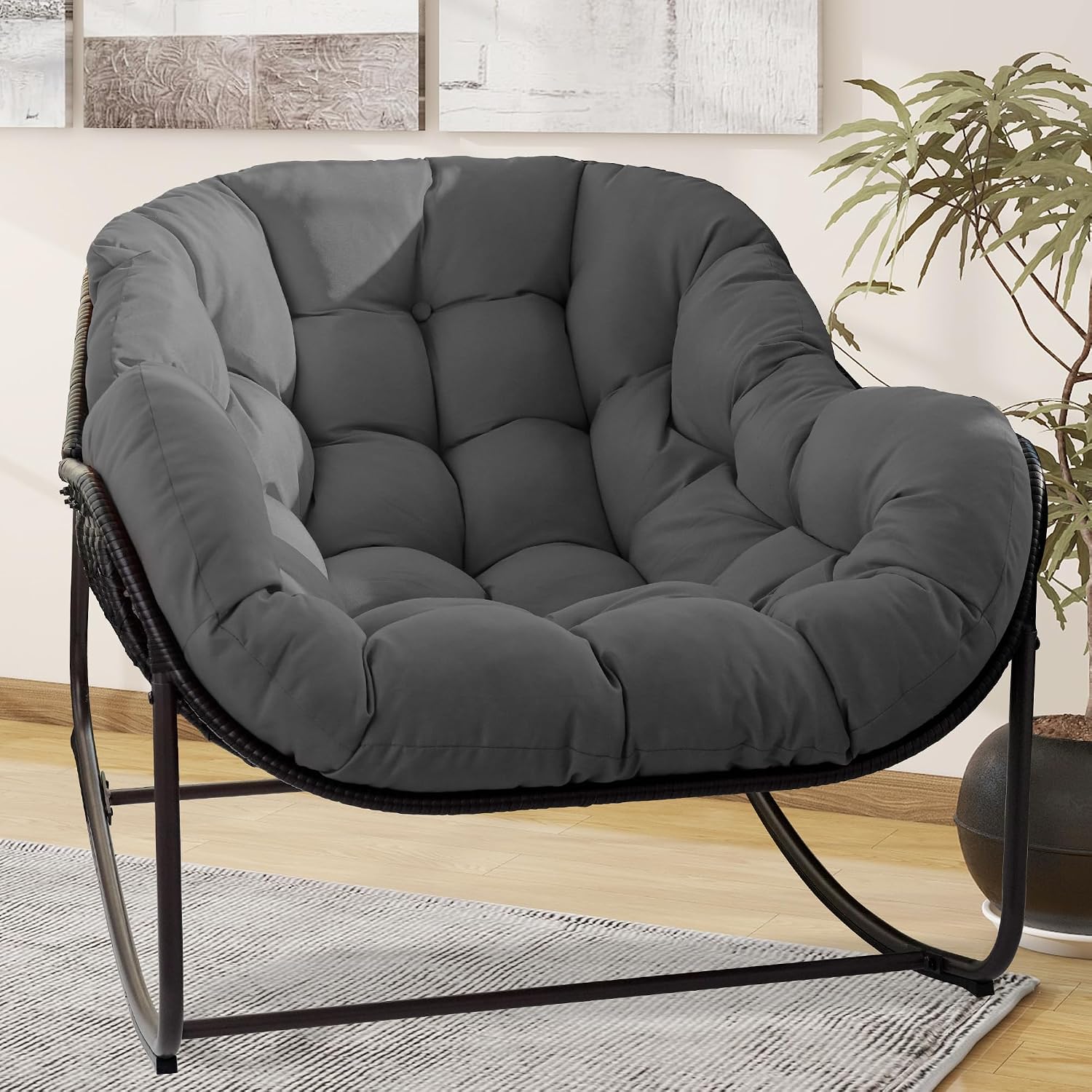 Papasan Rocking Chair, Oversized Papasan Chair with Cushion and Frame for Indoor& Outdoor,Egg-Shaped Patio Rocking Chair for Garden, Deck, Living Room, Light Grey