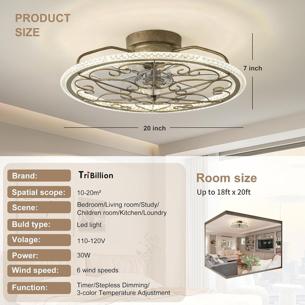 Low Profile Ceiling Fan with Lights 20' Ceiling Fan with Remote Bladeless Ceiling Fan Boho Vintage Flush Mount Ceiling Fan with Light 3 Color Smart LED Dimmable,Handmade Antique Vintage Silver