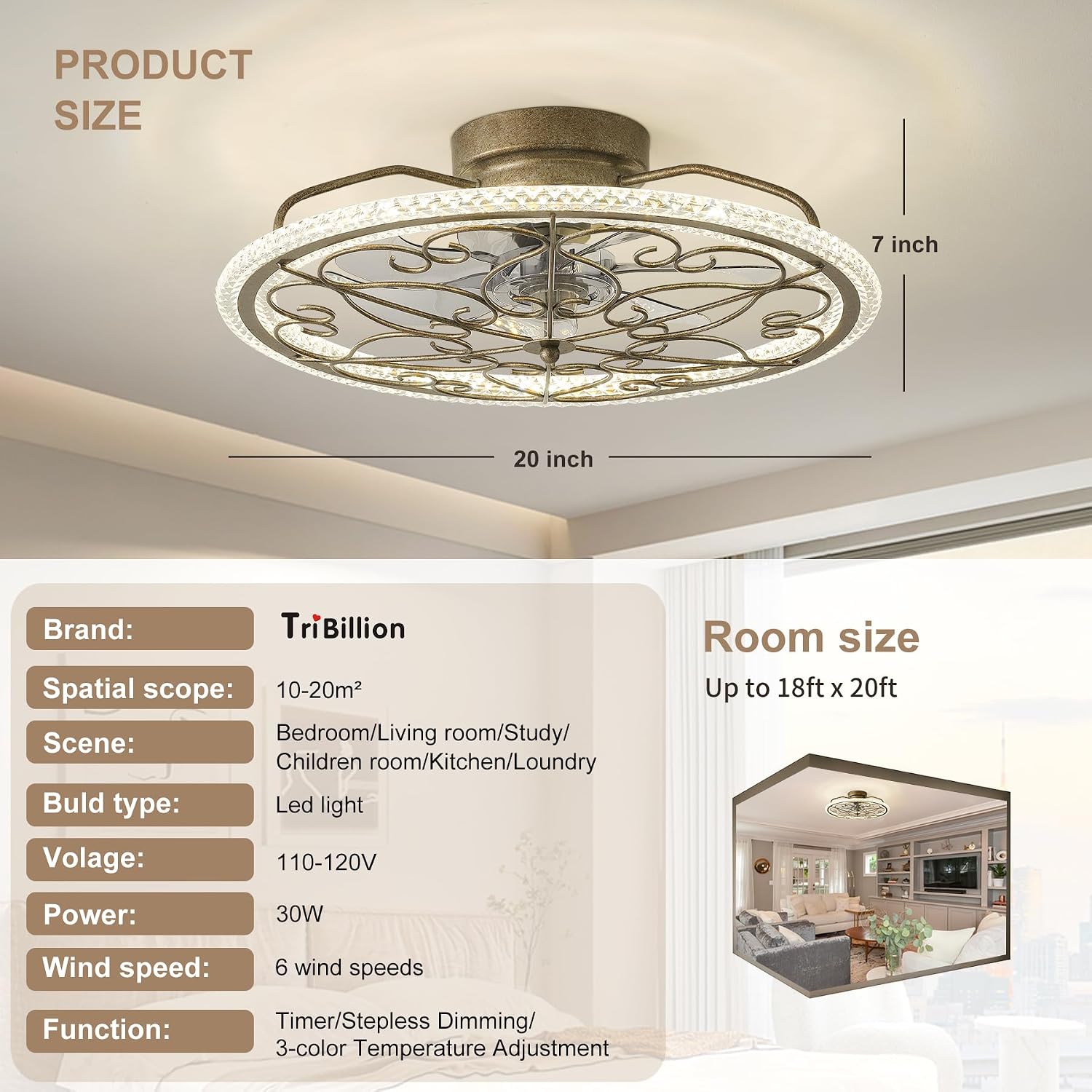 Low Profile Ceiling Fan with Lights 20' Ceiling Fan with Remote Bladeless Ceiling Fan Boho Vintage Flush Mount Ceiling Fan with Light 3 Color Smart LED Dimmable,Handmade Antique Vintage Silver