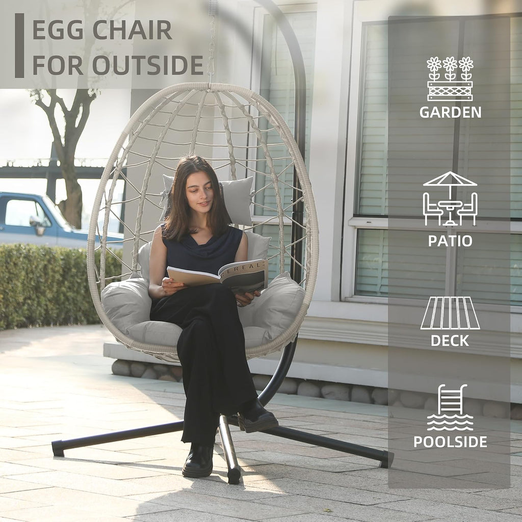 DoubleTT Egg Chair with Stand, Swing Chair Hanging Chair Nest Basket, UV Resistant Removable & Washable Cushions,350LBS Capacity for Bedroom, Balcony, Garden（BE-LG