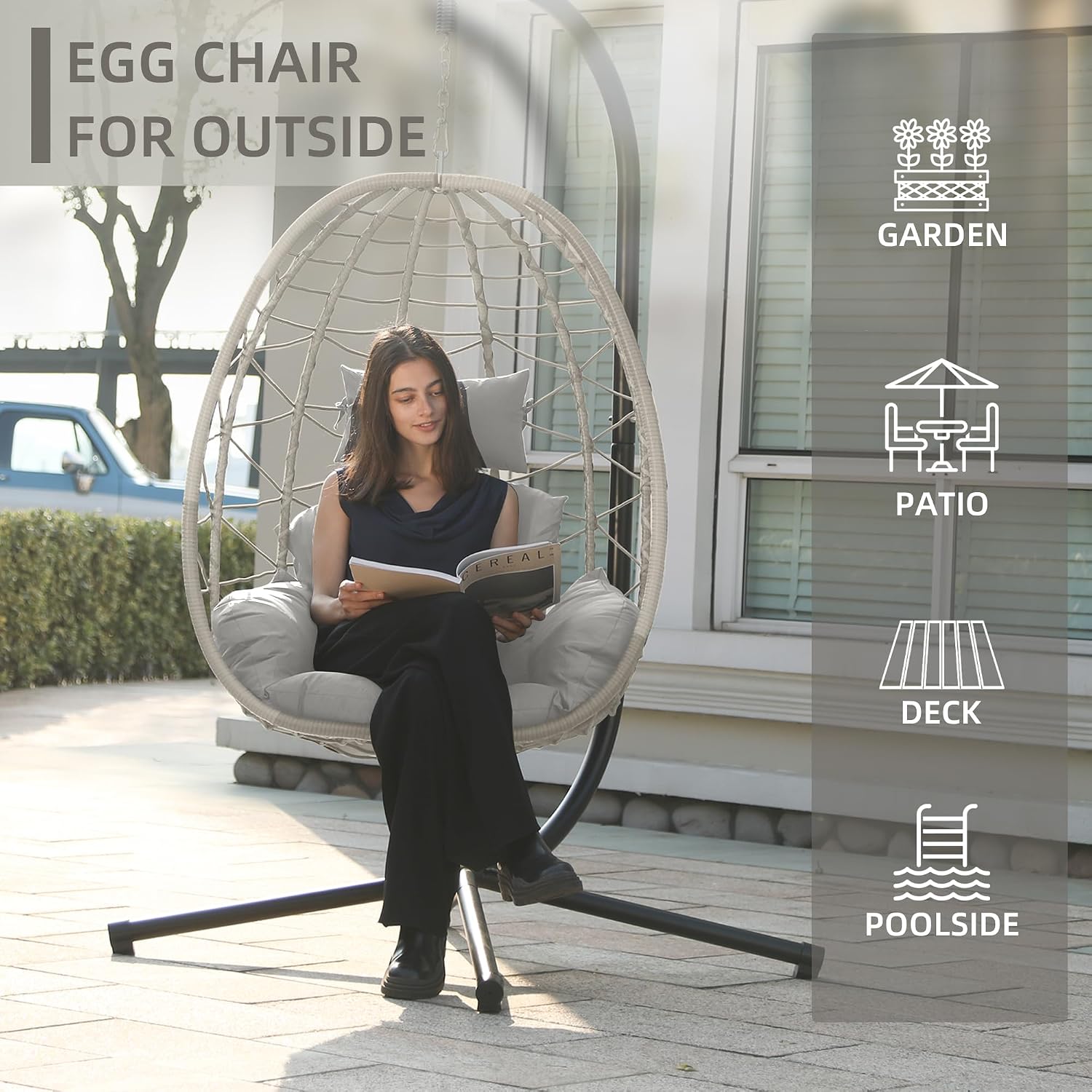 DoubleTT Egg Chair with Stand, Swing Chair Hanging Chair Nest Basket, UV Resistant Removable & Washable Cushions,350LBS Capacity for Bedroom, Balcony, Garden（BE-LG